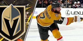 Vegas Golden Knights defenseman Alex Pietrangelo skates with the puck, illustrating his importance to the team before his season-ending injury.