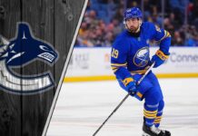 Buffalo Sabres forward Alex Tuch skates with the puck, with the Vancouver Canucks logo in the background, representing the latest NHL trade rumors.