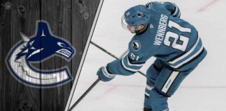 Alex Wennberg skating in a San Jose Sharks jersey, being scouted as a trade target for the Vancouver Canucks.