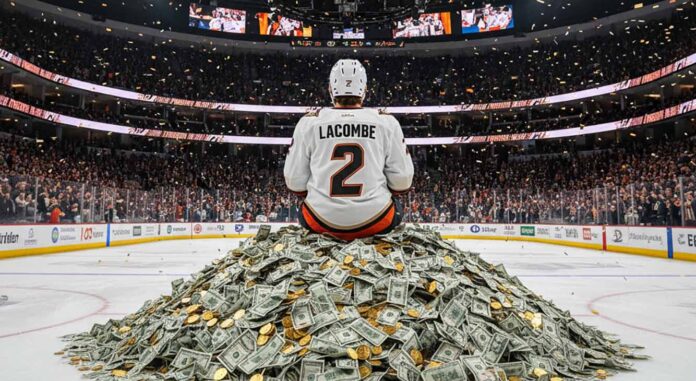 Hockey player in an Anaheim Ducks jersey with "LaCombe" and "2" on the back, wearing a helmet, sitting on a massive pile of money at center ice of the Anaheim Ducks home arena.