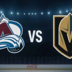 Colorado Avalanche vs Vegas Golden Knights logos at T-Mobile Arena with spotlight background