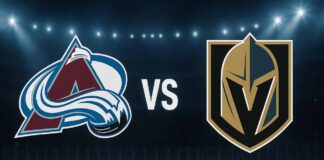 Colorado Avalanche vs Vegas Golden Knights logos at T-Mobile Arena with spotlight background