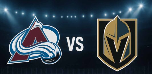 Colorado Avalanche vs Vegas Golden Knights logos at T-Mobile Arena with spotlight background