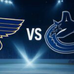 St. Louis Blues and Vancouver Canucks logos colliding over Rogers Arena backdrop