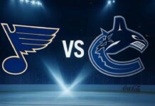 St. Louis Blues and Vancouver Canucks logos colliding over Rogers Arena backdrop