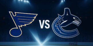 St. Louis Blues and Vancouver Canucks logos colliding over Rogers Arena backdrop