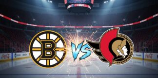 A widescreen image showing the Boston Bruins and Ottawa Senators logos in a stylized collision, with a "VS" graphic between them, over an illuminated hockey rink with the Coca-Cola logo on the boards.