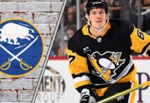 Buffalo Sabres logo with a photo of Rickard Rakell in the middle, signifying a potential trade.