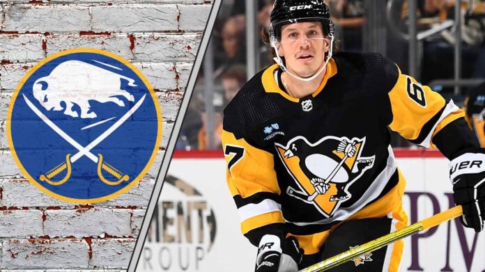 Buffalo Sabres logo with a photo of Rickard Rakell in the middle, signifying a potential trade.