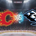 How to Watch the Calgary Flames at Utah Mammoth Game on TV and Streaming A striking visual of the Calgary Flames logo, depicted with a fiery effect, on the left, and the Utah Mammoth logo, designed with an icy, blue-tinged effect, on the right. Between them, the word "VS" is rendered in a distressed, impactful font, appearing to be caught in the explosive collision of the two team emblems.