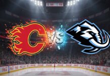 A striking visual of the Calgary Flames logo, depicted with a fiery effect, on the left, and the Utah Mammoth logo, designed with an icy, blue-tinged effect, on the right. Between them, the word "VS" is rendered in a distressed, impactful font, appearing to be caught in the explosive collision of the two team emblems.