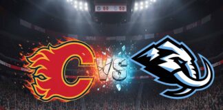 A striking visual of the Calgary Flames logo, depicted with a fiery effect, on the left, and the Utah Mammoth logo, designed with an icy, blue-tinged effect, on the right. Between them, the word "VS" is rendered in a distressed, impactful font, appearing to be caught in the explosive collision of the two team emblems.