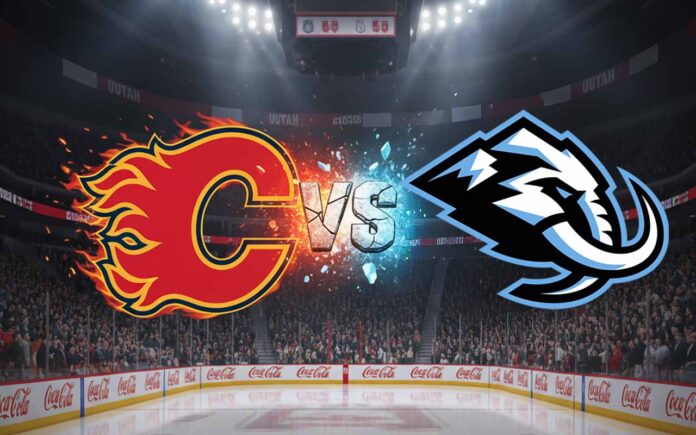 A striking visual of the Calgary Flames logo, depicted with a fiery effect, on the left, and the Utah Mammoth logo, designed with an icy, blue-tinged effect, on the right. Between them, the word "VS" is rendered in a distressed, impactful font, appearing to be caught in the explosive collision of the two team emblems.