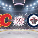 Calgary Flames and Winnipeg Jets logos with Vs text at Canada Life Centre arena background