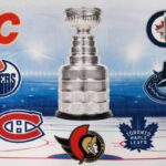Ranking Canadian Teams’ Chances of Winning the Stanley Cup A collage of the seven Canadian NHL team logos (Oilers, Leafs, Habs, Canucks, Jets, Flames, Senators) surrounding the NHL logo