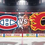 How to Watch Montreal Canadiens vs Calgary Flames Game Tonight A stylized widescreen image depicting the Montreal Canadiens logo on the left and the Calgary Flames logo on the right, colliding in the center with the word "VS" between them. The logos are set against the backdrop of the Flames' home arena, with spotlights shining down.