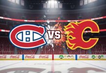 A stylized widescreen image depicting the Montreal Canadiens logo on the left and the Calgary Flames logo on the right, colliding in the center with the word "VS" between them. The logos are set against the backdrop of the Flames' home arena, with spotlights shining down.