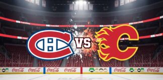 A stylized widescreen image depicting the Montreal Canadiens logo on the left and the Calgary Flames logo on the right, colliding in the center with the word "VS" between them. The logos are set against the backdrop of the Flames' home arena, with spotlights shining down.