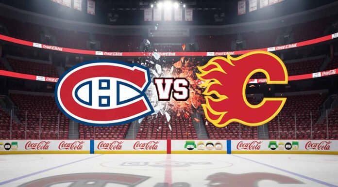 Habs vs Flames A stylized widescreen image depicting the Montreal Canadiens logo on the left and the Calgary Flames logo on the right, colliding in the center with the word "VS" between them. The logos are set against the backdrop of the Flames' home arena, with spotlights shining down.
