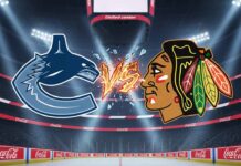 Vancouver Canucks vs Chicago Blackhawks game action at United Center, October 17, 2025