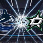 How to Watch Vancouver Canucks at Dallas Stars – TV, Streaming & Game Preview A promotional widescreen image for an NHL game between the Vancouver Canucks and the Dallas Stars. Their logos are positioned in the center above the ice, clashing with the word 'VS' between them.