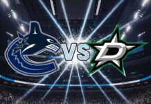 A promotional widescreen image for an NHL game between the Vancouver Canucks and the Dallas Stars. Their logos are positioned in the center above the ice, clashing with the word 'VS' between them.