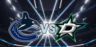 A promotional widescreen image for an NHL game between the Vancouver Canucks and the Dallas Stars. Their logos are positioned in the center above the ice, clashing with the word 'VS' between them.