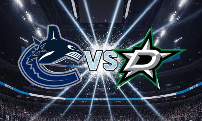A promotional widescreen image for an NHL game between the Vancouver Canucks and the Dallas Stars. Their logos are positioned in the center above the ice, clashing with the word 'VS' between them.