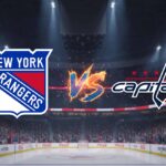 Stylized Washington Capitals and New York Rangers logos colliding in an arena.
