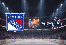 Stylized Washington Capitals and New York Rangers logos colliding in an arena.