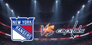 Stylized Washington Capitals and New York Rangers logos colliding in an arena.