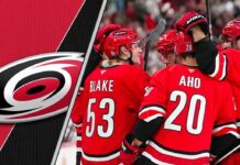 dynamic in-game action shot of the Carolina Hurricanes skating on home ice, representing their aggressive team strategy.