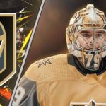 Goaltender Carter Hart in a Vegas Golden Knights jersey during a practice session at T-Mobile Arena.