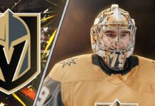 Goaltender Carter Hart in a Vegas Golden Knights jersey during a practice session at T-Mobile Arena.