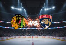 Chicago Blackhawks and Florida Panthers logos facing off on a hockey rink background, representing their opening night matchup.