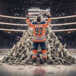 Connor McDavid’s Oilers Extension: Why He Left Millions on the Table Connor McDavid, wearing an Edmonton Oilers jersey with number 97, stands on the ice in an empty arena, lifting the Stanley Cup triumphantly above his head in front of a massive pile of money.