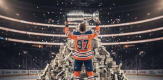 Connor McDavid, wearing an Edmonton Oilers jersey with number 97, stands on the ice in an empty arena, lifting the Stanley Cup triumphantly above his head in front of a massive pile of money.