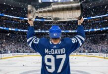Image of hockey player Connor McDavid celebrating at center ice, wearing a Toronto Maple Leafs jersey with his name and number 97. He is smiling and hoisting the Stanley Cup above his head as blue and white confetti falls in a packed arena.