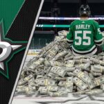 Dallas Stars defenseman Thomas Harley, wearing his green number 55 jersey, sits with his back to the viewer on a large pile of money at center ice in the American Airlines Center.