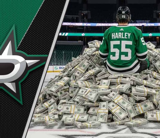 Dallas Stars defenseman Thomas Harley, wearing his green number 55 jersey, sits with his back to the viewer on a large pile of money at center ice in the American Airlines Center.