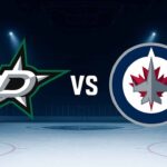 Image showing clash between the stylized Dallas Stars and Winnipeg Jets logos, set inside the Jets’ home arena with spotlights and Coca-Cola decals on the boards.