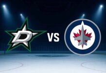 Image showing clash between the stylized Dallas Stars and Winnipeg Jets logos, set inside the Jets’ home arena with spotlights and Coca-Cola decals on the boards.