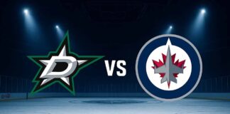 Image showing clash between the stylized Dallas Stars and Winnipeg Jets logos, set inside the Jets’ home arena with spotlights and Coca-Cola decals on the boards.