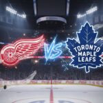 Stylized Detroit Red Wings and Toronto Maple Leafs logos colliding with 'Vs' on a Red Wings arena background.