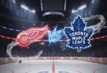 Stylized Detroit Red Wings and Toronto Maple Leafs logos colliding with 'Vs' on a Red Wings arena background.