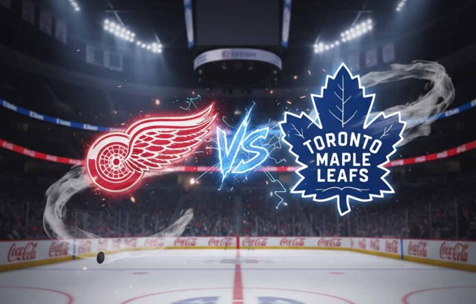 Stylized Detroit Red Wings and Toronto Maple Leafs logos colliding with 'Vs' on a Red Wings arena background.