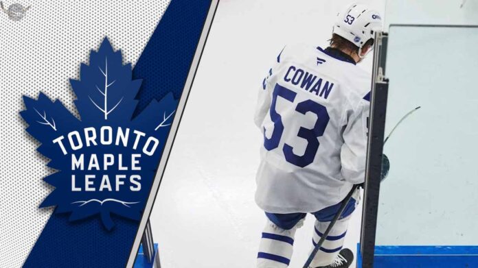 easton-cowan-toronto-maple-leafs-auston-matthews-knies-first-line Easton Cowan celebrating a goal with Auston Matthews and Matthew Knies during a Toronto Maple Leafs game.