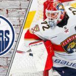 Edmonton Oilers logo on the left and a portrait of goalie Sergei Bobrovsky in his Florida Panthers gear on the right, signifying a potential free agent move.