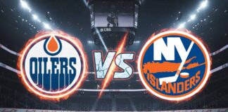 Two flaming hockey team logos, the Edmonton Oilers and New York Islanders, face off against each other with a shattered 'Vs' between them, set against the backdrop of a brightly lit hockey arena with a large scoreboard and 'Coca-Cola' decals on the rink boards.
