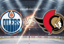 A widescreen image showing stylized logos of the Edmonton Oilers and Ottawa Senators colliding over a hockey rink, with "VS" in metallic text and sparks between them. The background is the Canadian Tire Centre, lit by spotlights, with Coca-Cola logos visible on the arena boards.